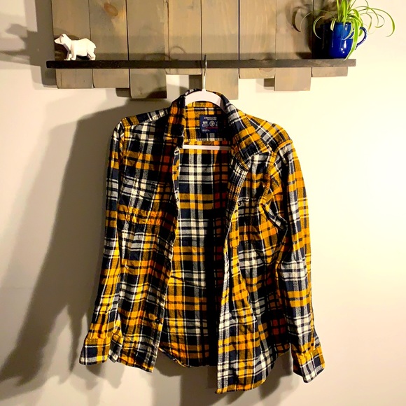 Yellow and black plaid button up - Picture 1 of 5